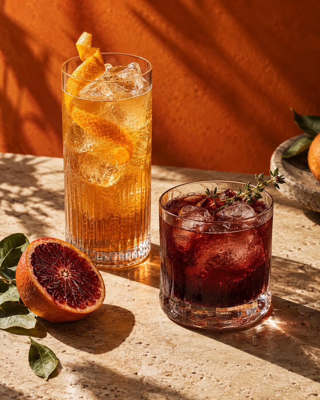 AI concept still life of two citrus and herb drinks in glassware