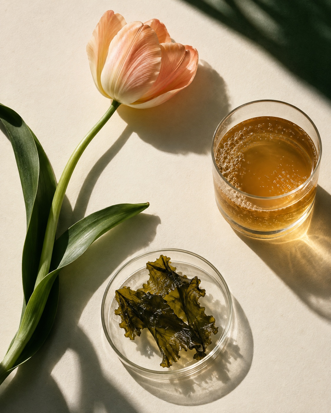 AI concept still life of a tulip, amber liquid and seaweed, displayed as separate ingredient ideas.